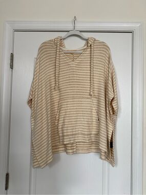 Mesh + Lace - Striped Cozy Hooded Pullover in Beige and Cream - Size Small